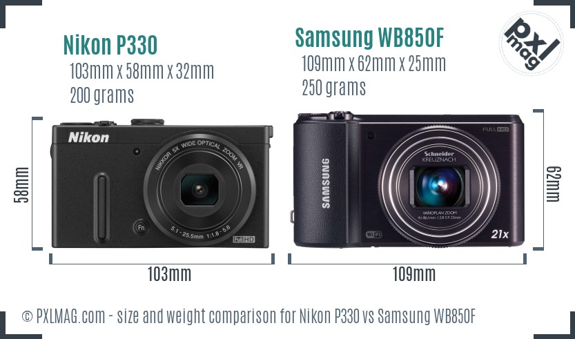 Nikon P330 vs Samsung WB850F size comparison
