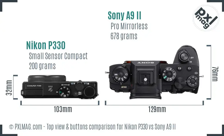 Nikon P330 vs Sony A9 II top view buttons comparison