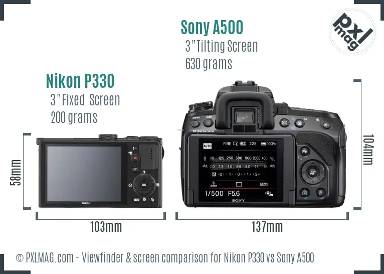 Nikon P330 vs Sony A500 Screen and Viewfinder comparison