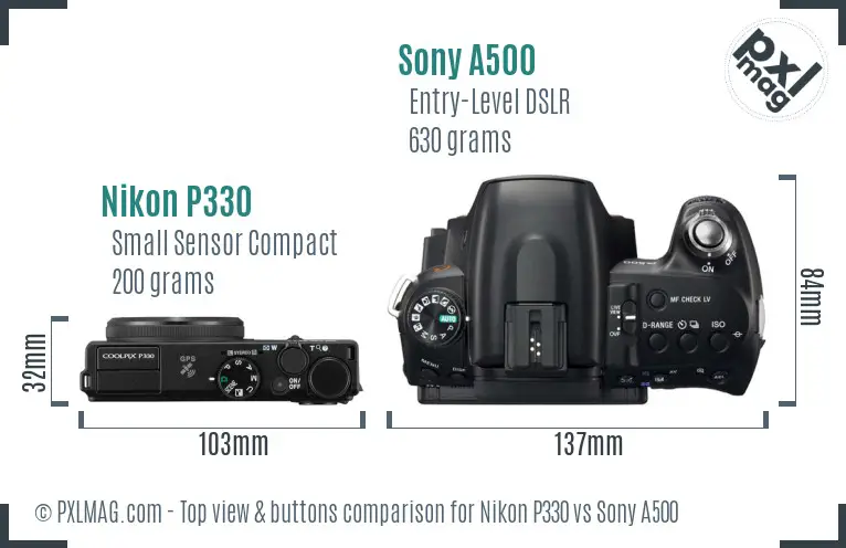 Nikon P330 vs Sony A500 top view buttons comparison