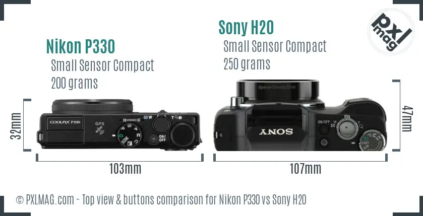 Nikon P330 vs Sony H20 top view buttons comparison Nikon P330 vs Sony H20 top view buttons comparison