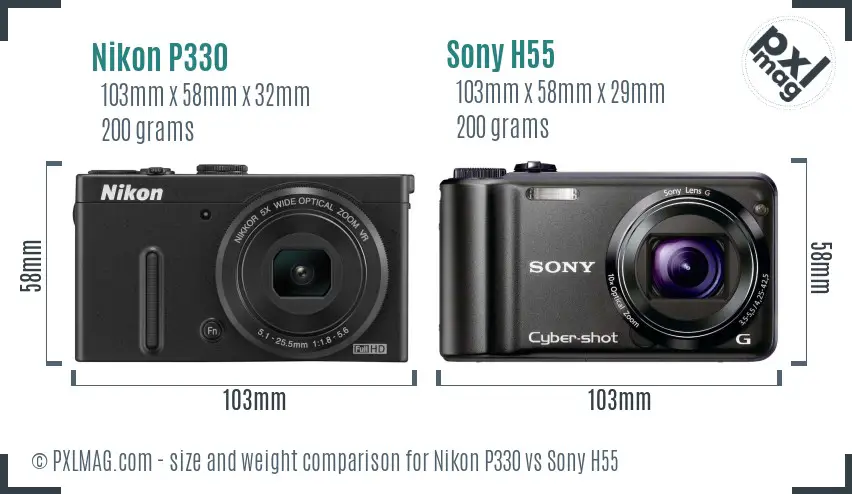 Nikon P330 vs Sony H55 size comparison