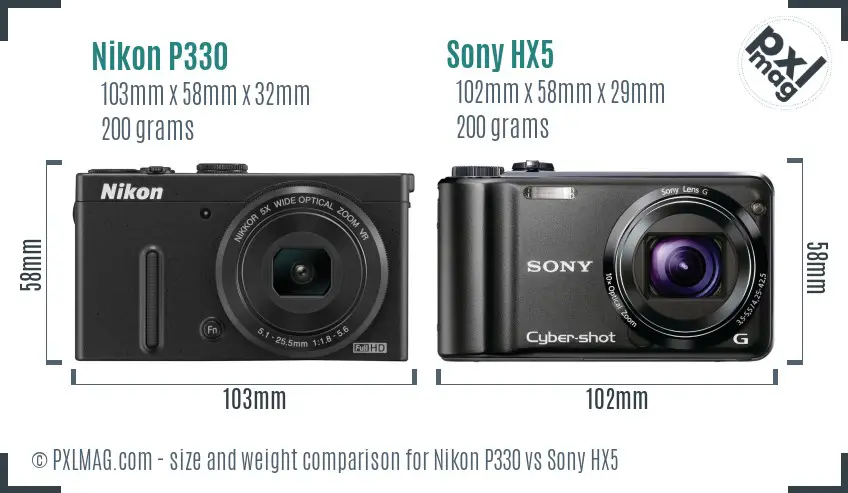Nikon P330 vs Sony HX5 size comparison