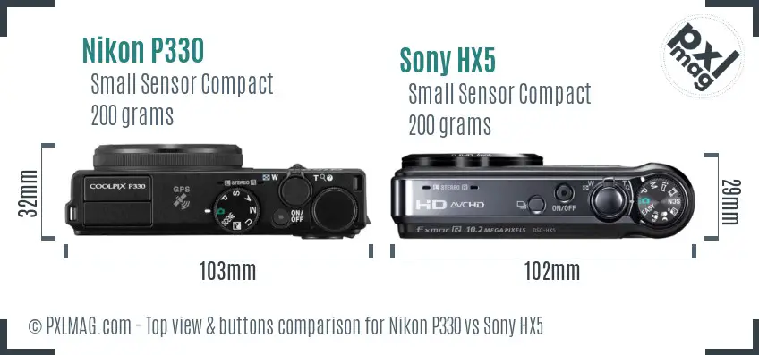 Nikon P330 vs Sony HX5 top view buttons comparison
