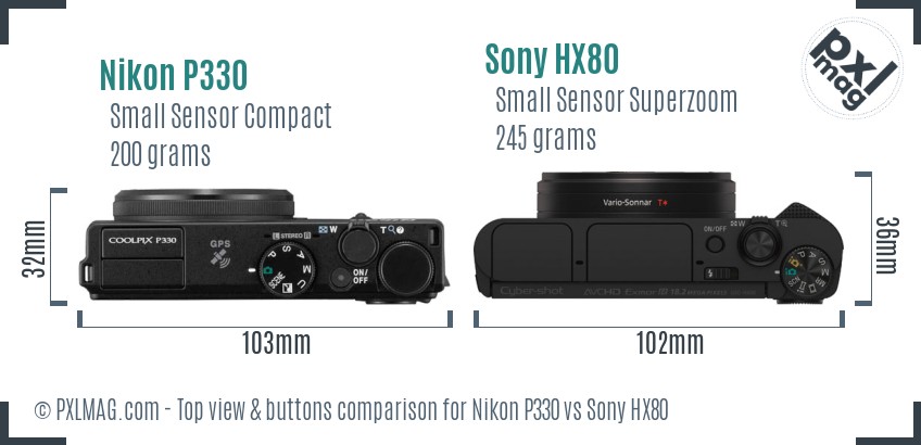 Nikon P330 vs Sony HX80 top view buttons comparison