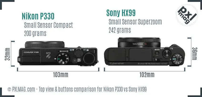 Nikon P330 vs Sony HX99 top view buttons comparison