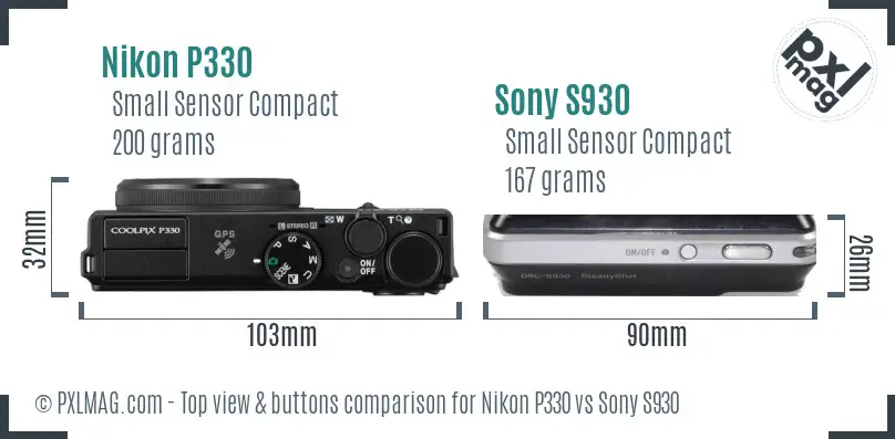 Nikon P330 vs Sony S930 top view buttons comparison Nikon P330 vs Sony S930 top view buttons comparison