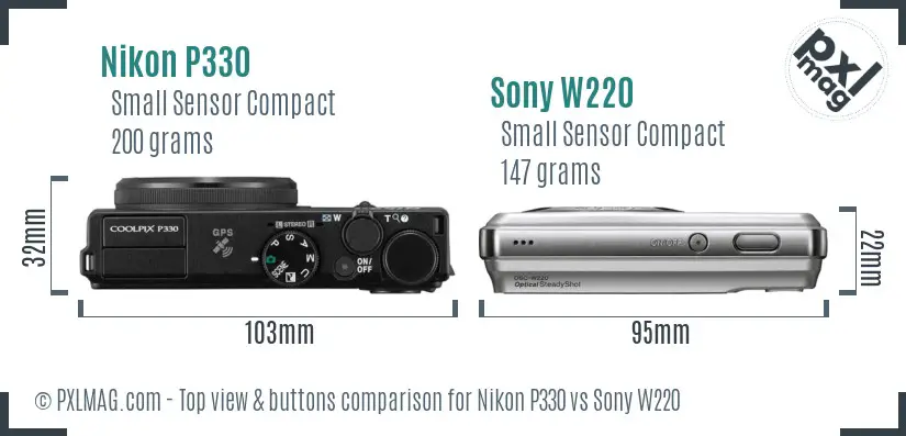 Nikon P330 vs Sony W220 top view buttons comparison