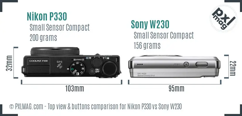 Nikon P330 vs Sony W230 top view buttons comparison Nikon P330 vs Sony W230 top view buttons comparison