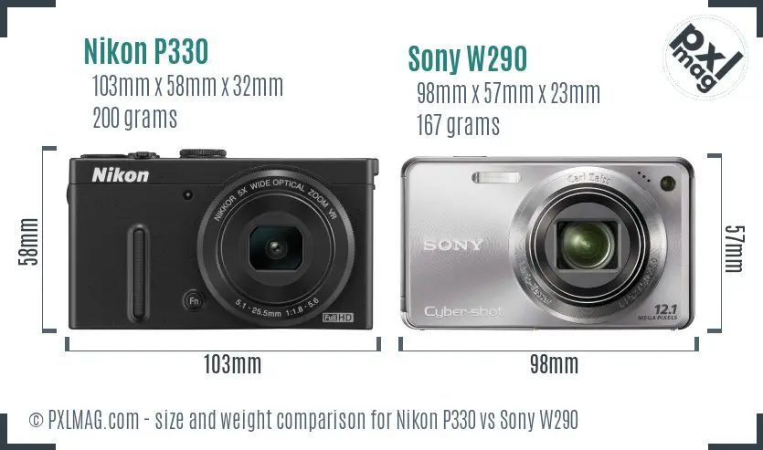 Nikon P330 vs Sony W290 size comparison