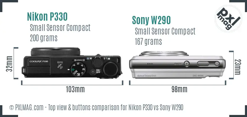 Nikon P330 vs Sony W290 top view buttons comparison
