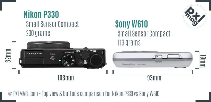 Nikon P330 vs Sony W610 top view buttons comparison Nikon P330 vs Sony W610 top view buttons comparison