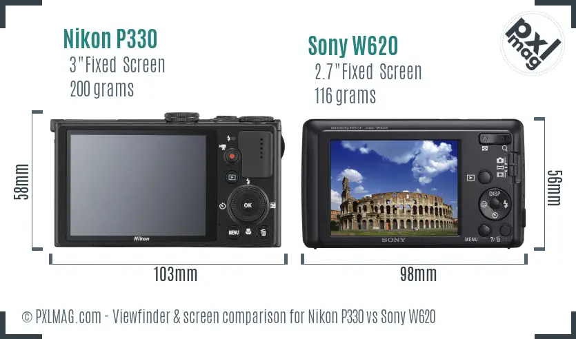 Nikon P330 vs Sony W620 Screen and Viewfinder comparison