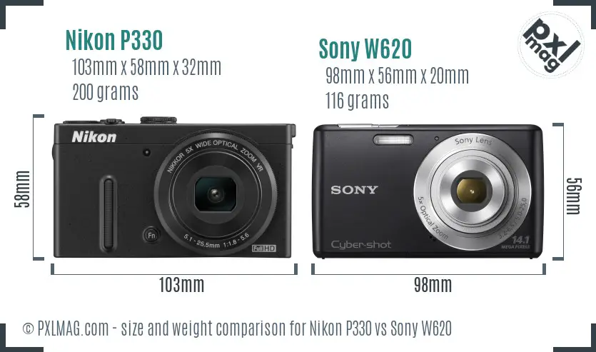 Nikon P330 vs Sony W620 size comparison