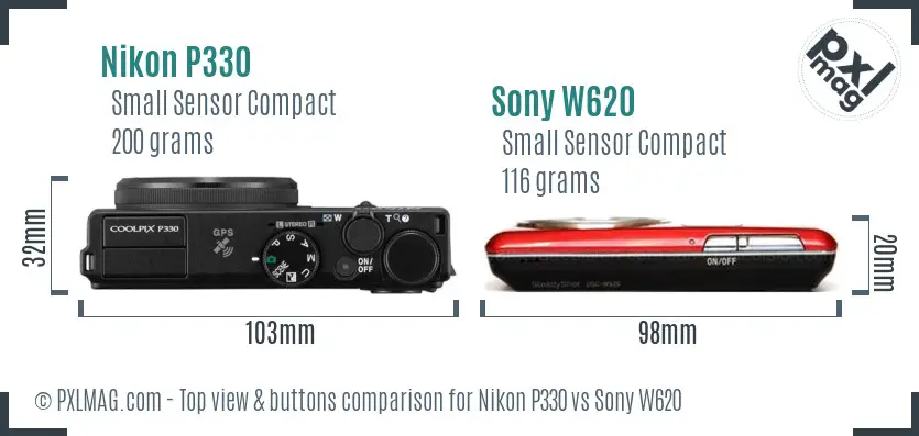 Nikon P330 vs Sony W620 top view buttons comparison