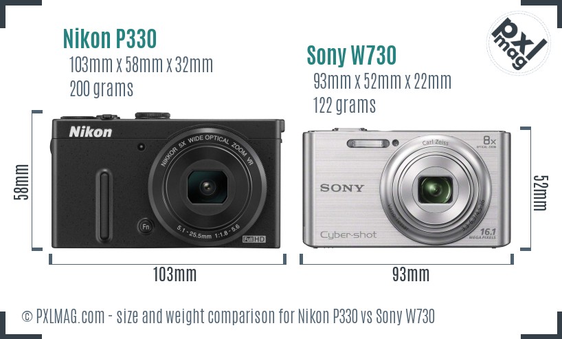 Nikon P330 vs Sony W730 size comparison