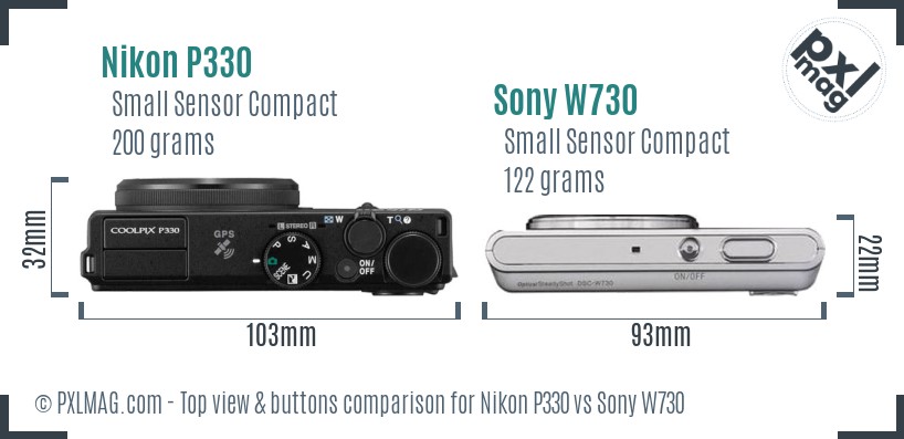 Nikon P330 vs Sony W730 top view buttons comparison