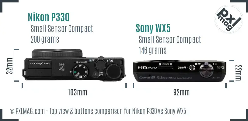 Nikon P330 vs Sony WX5 top view buttons comparison
