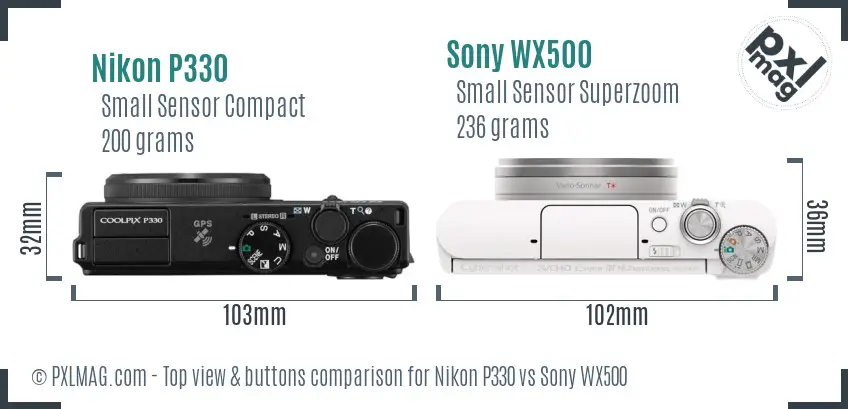 Nikon P330 vs Sony WX500 top view buttons comparison