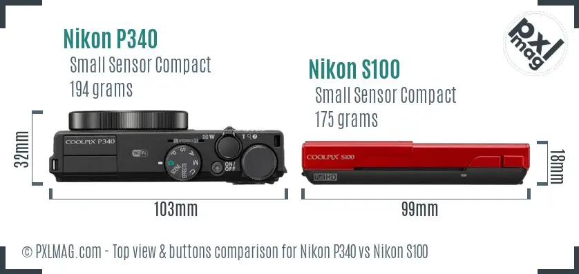 Nikon P340 vs Nikon S100 top view buttons comparison