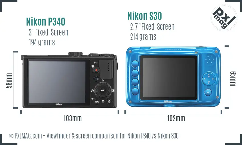Nikon P340 vs Nikon S30 Screen and Viewfinder comparison