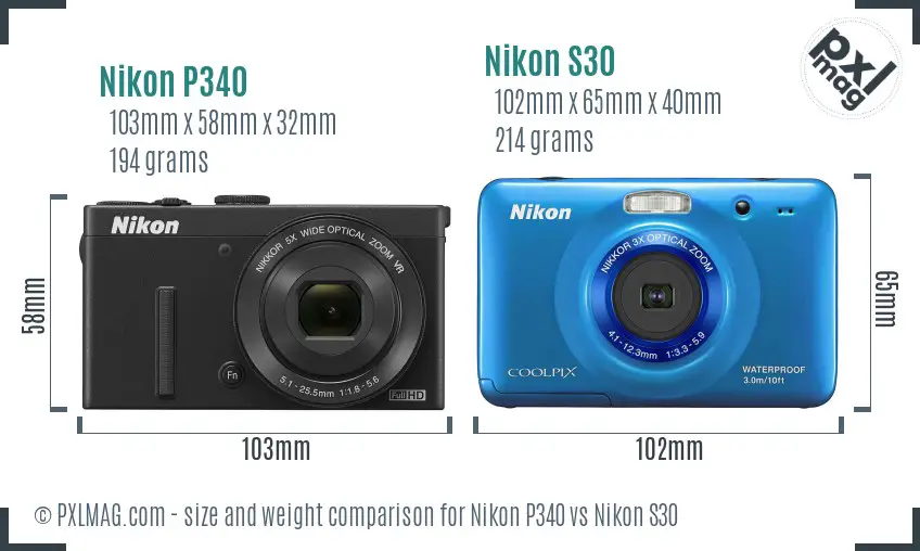 Nikon P340 vs Nikon S30 size comparison
