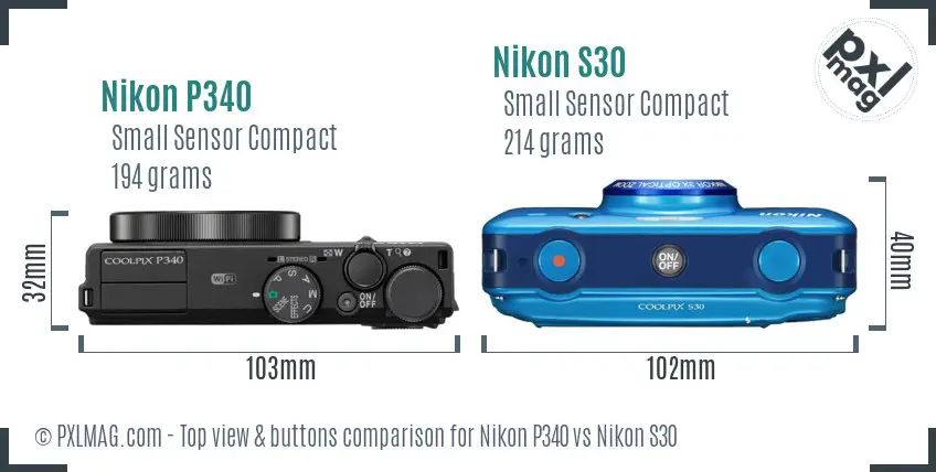 Nikon P340 vs Nikon S30 top view buttons comparison