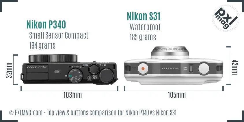 Nikon P340 vs Nikon S31 top view buttons comparison Nikon P340 vs Nikon S31 top view buttons comparison