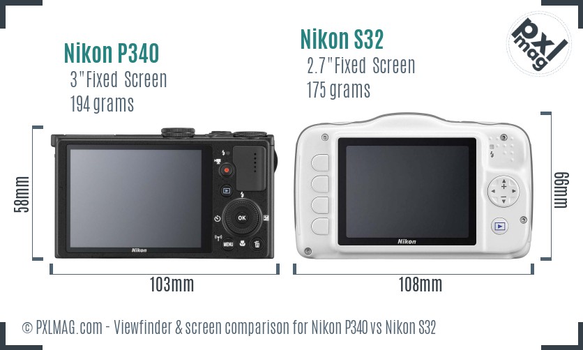 Nikon P340 vs Nikon S32 Screen and Viewfinder comparison
