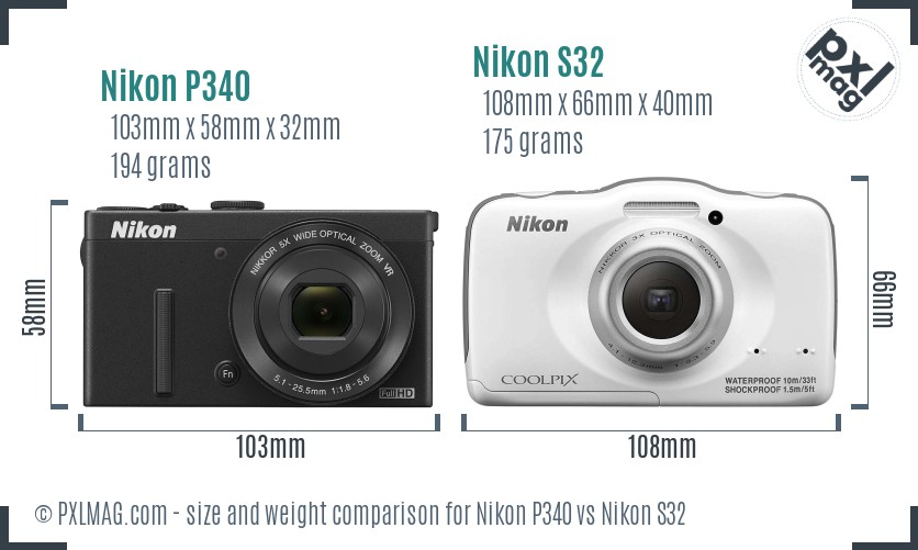 Nikon P340 vs Nikon S32 size comparison