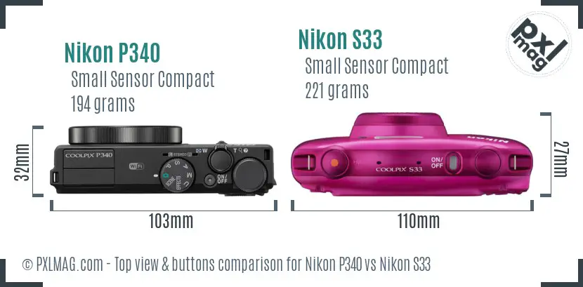 Nikon P340 vs Nikon S33 top view buttons comparison Nikon P340 vs Nikon S33 top view buttons comparison