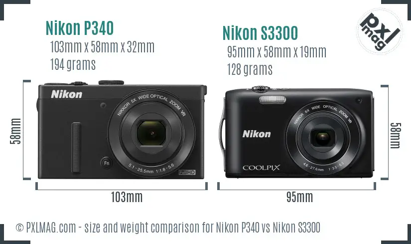 Nikon P340 vs Nikon S3300 size comparison