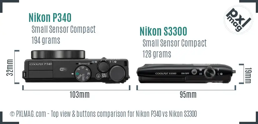 Nikon P340 vs Nikon S3300 top view buttons comparison