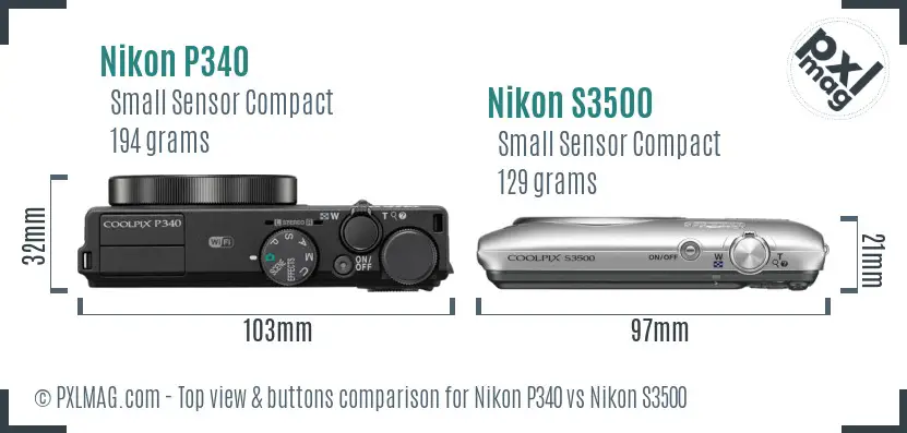 Nikon P340 vs Nikon S3500 top view buttons comparison Nikon P340 vs Nikon S3500 top view buttons comparison