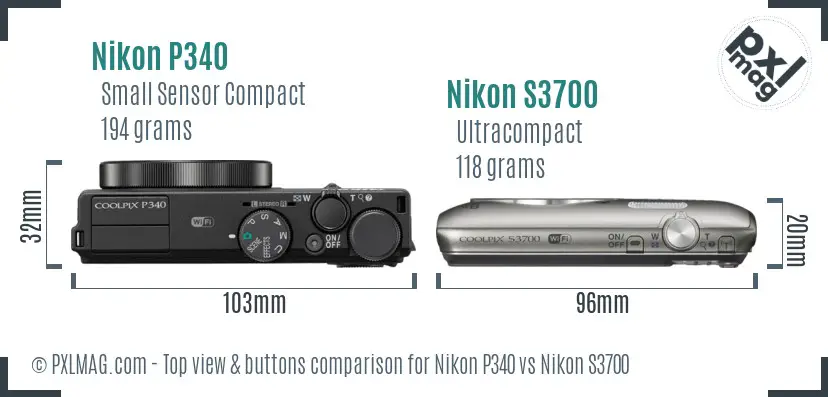 Nikon P340 vs Nikon S3700 top view buttons comparison Nikon P340 vs Nikon S3700 top view buttons comparison