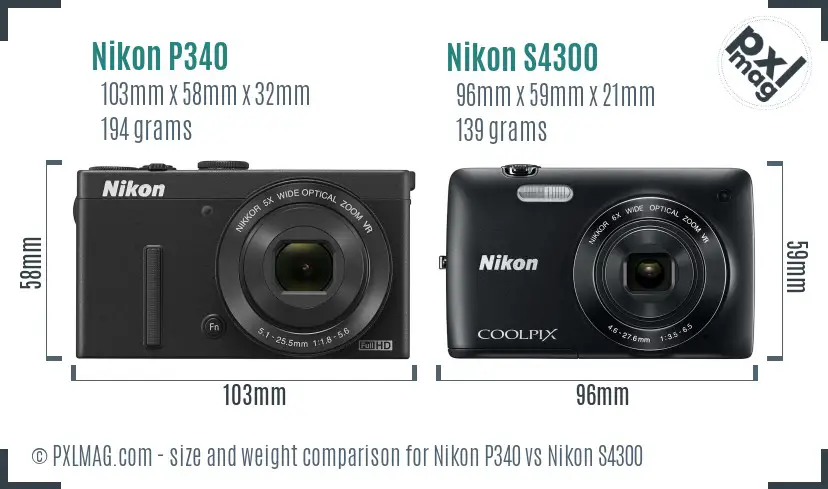 Nikon P340 vs Nikon S4300 size comparison