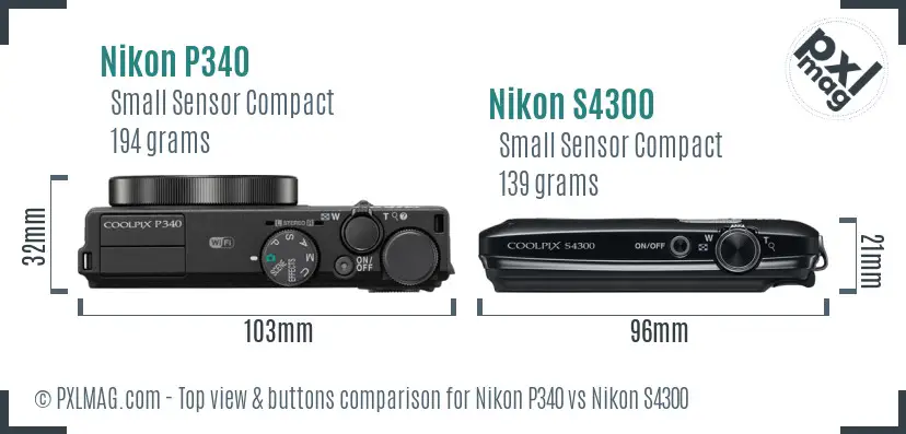 Nikon P340 vs Nikon S4300 top view buttons comparison