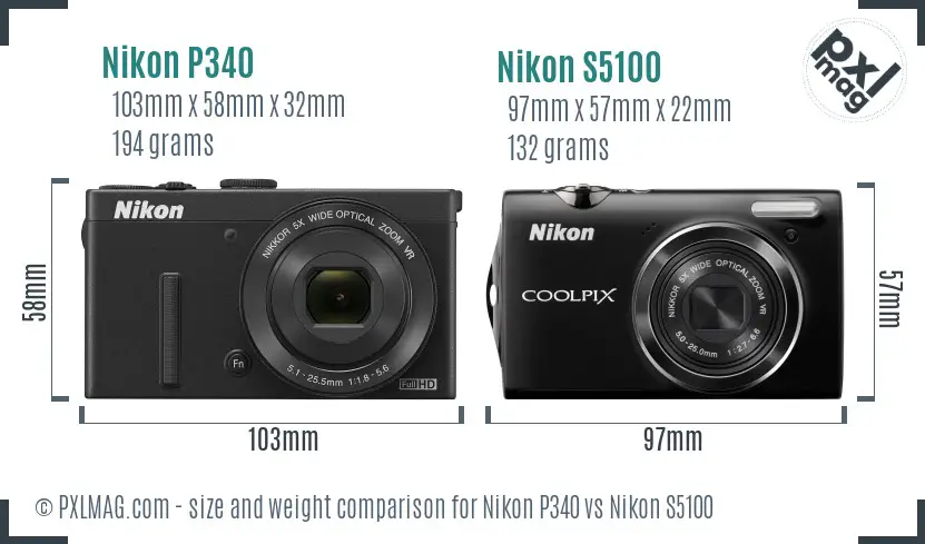 Nikon P340 vs Nikon S5100 size comparison