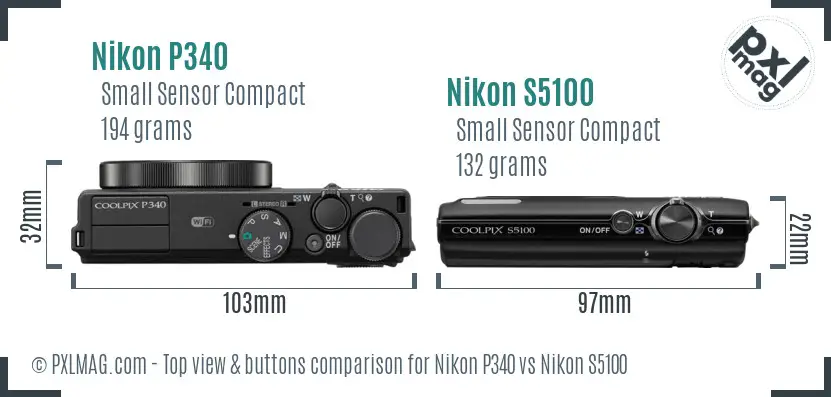 Nikon P340 vs Nikon S5100 top view buttons comparison