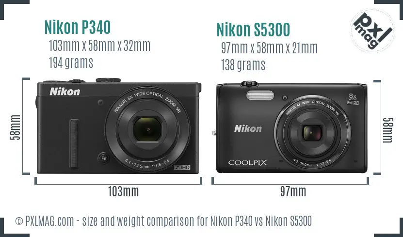 Nikon P340 vs Nikon S5300 size comparison