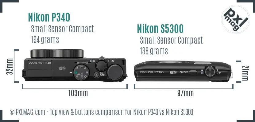 Nikon P340 vs Nikon S5300 top view buttons comparison