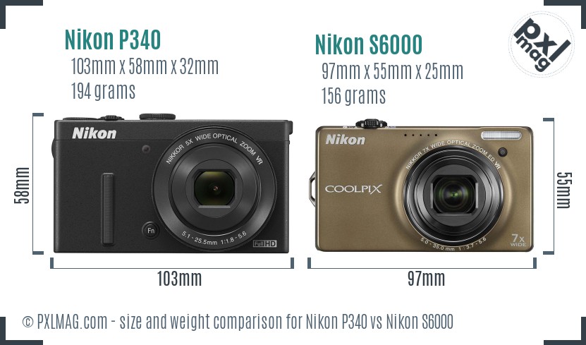 Nikon P340 vs Nikon S6000 size comparison
