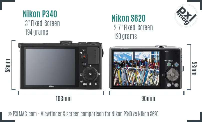 Nikon P340 vs Nikon S620 Screen and Viewfinder comparison
