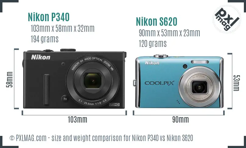 Nikon P340 vs Nikon S620 size comparison