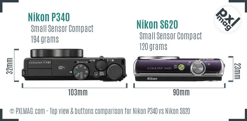 Nikon P340 vs Nikon S620 top view buttons comparison