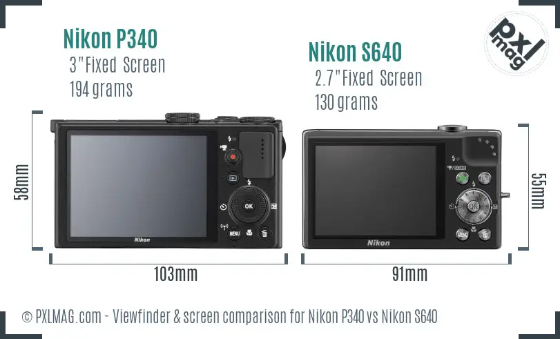 Nikon P340 vs Nikon S640 Screen and Viewfinder comparison