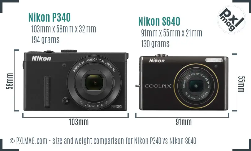 Nikon P340 vs Nikon S640 size comparison