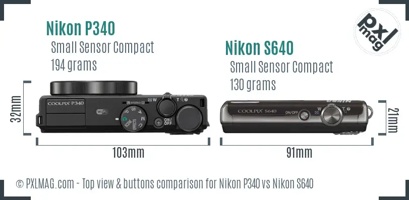 Nikon P340 vs Nikon S640 top view buttons comparison