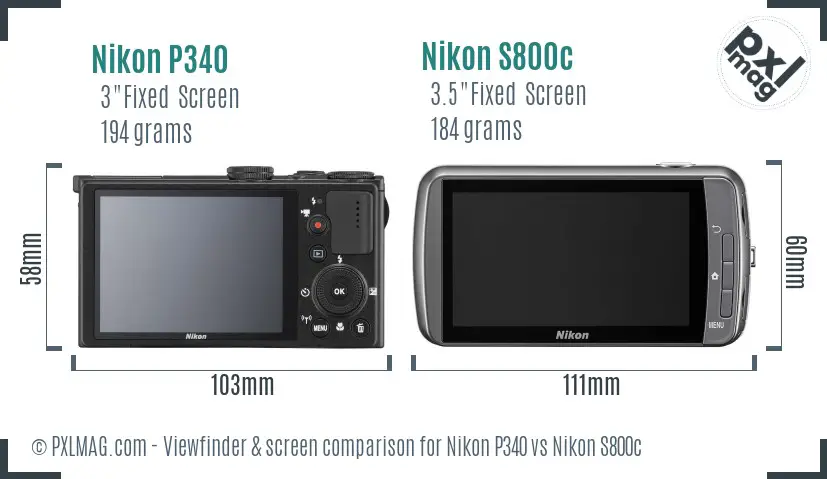 Nikon P340 vs Nikon S800c Screen and Viewfinder comparison