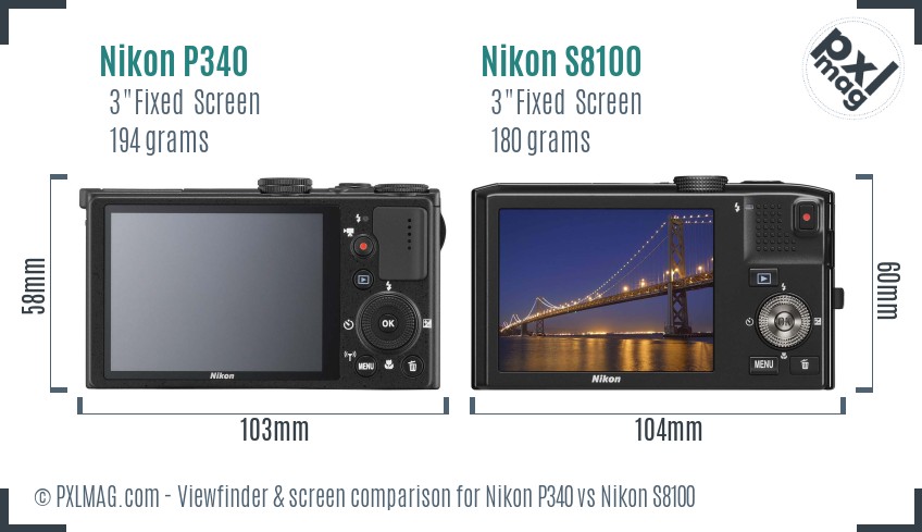 Nikon P340 vs Nikon S8100 Screen and Viewfinder comparison